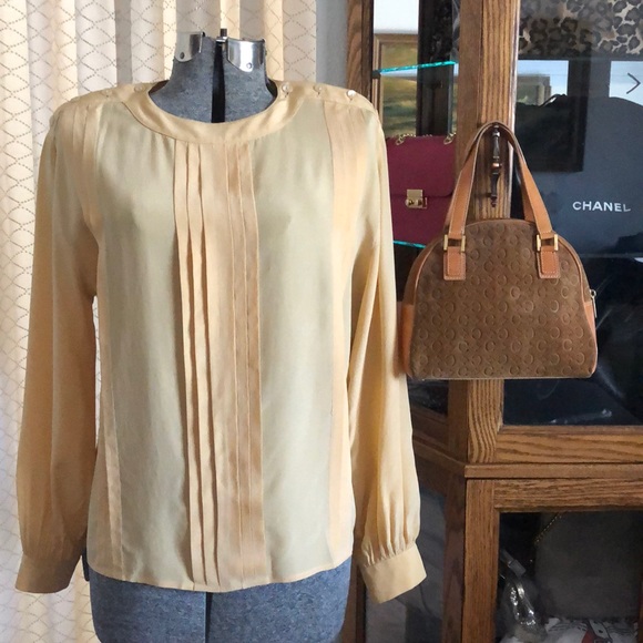 Balenciaga Tops - Balenciaga Gold 100% Silk Tuck Pleated Blouse M/L